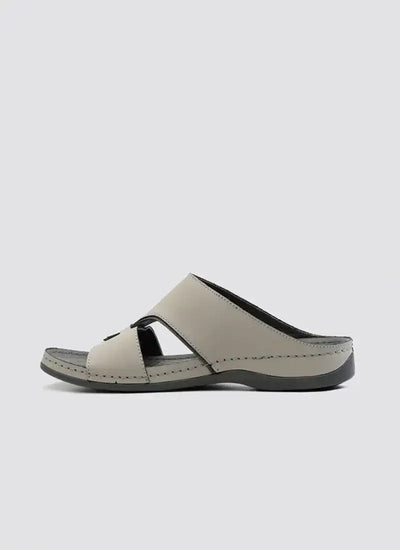Grey men’s leather open-toe slide sandal with black sole and stitched detailing 