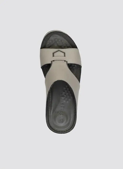 Top view of a men's grey leather slide sandal with open toe and textured black footbed 