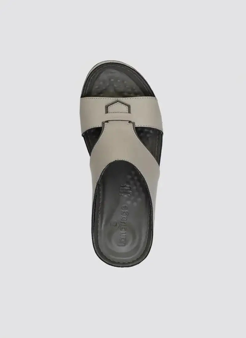 Top view of a men's grey leather slide sandal with open toe and textured black footbed 