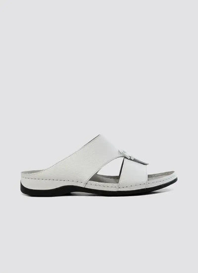 White leather men's slide sandal with black sole, open toe and cross strap design 