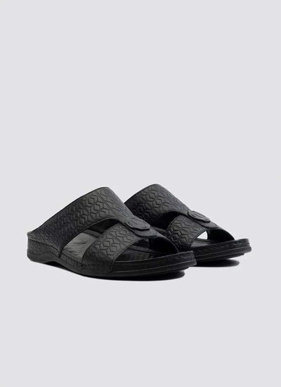 Black open toe men's sandals with textured geometric design on a plain background 