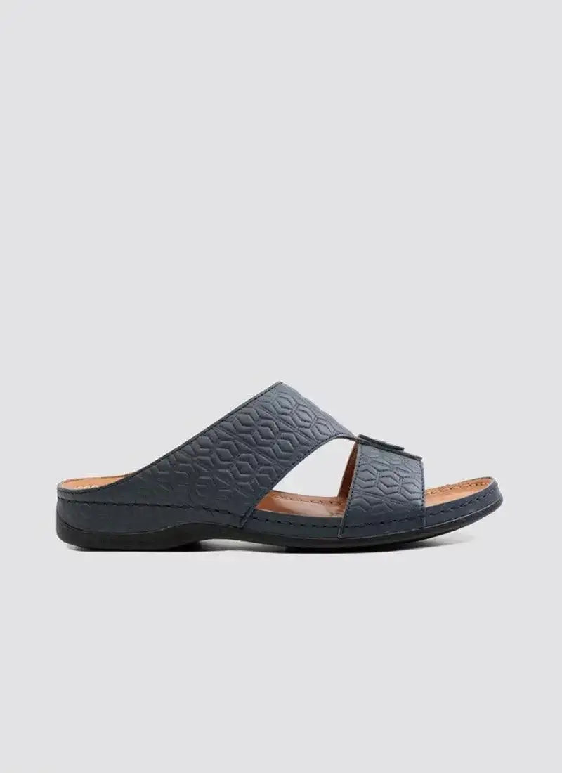 Navy blue men's slide sandal with geometric textured straps and cushioned sole 