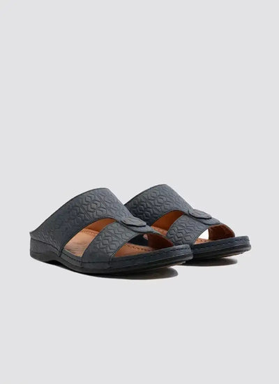 Navy blue men's slip-on sandals with textured straps and open-toe design on a white background 