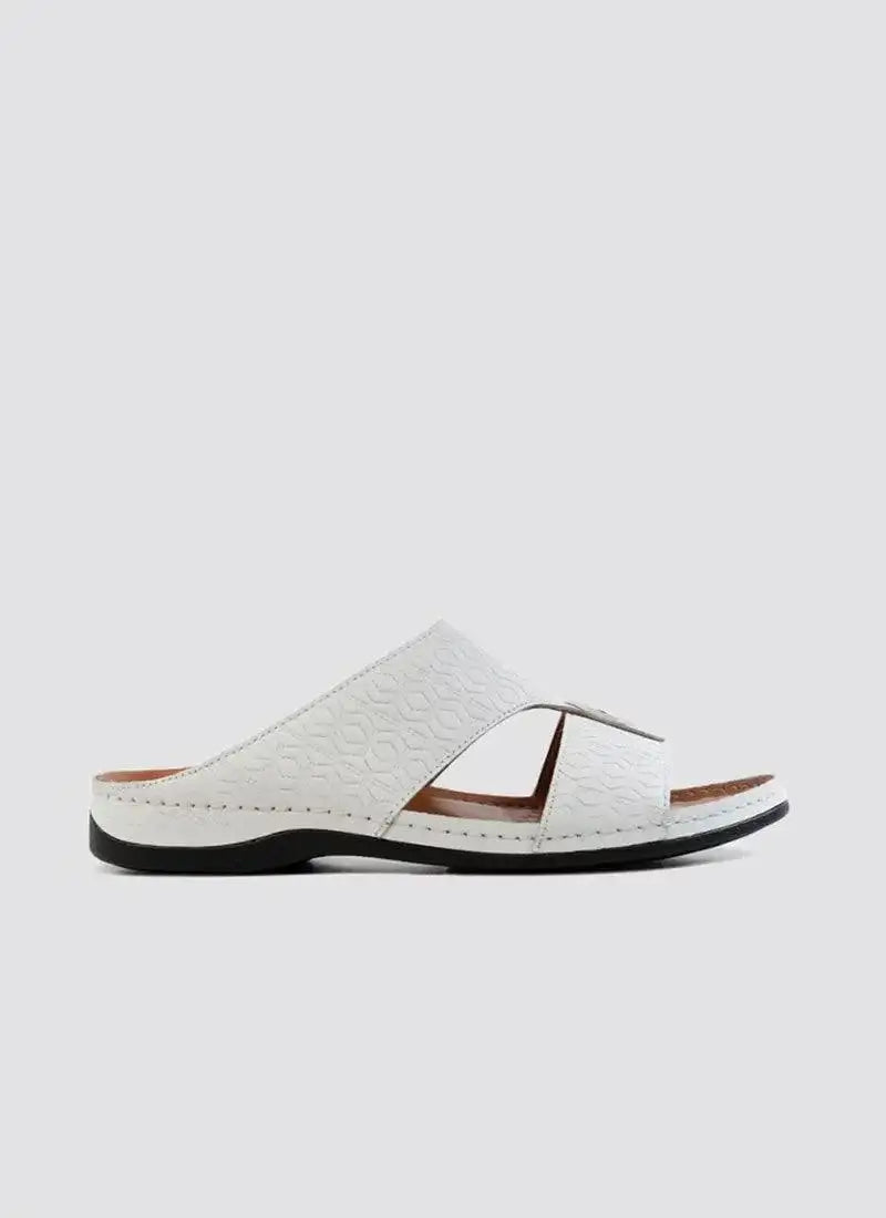 White textured men's slide sandal with open toe and black sole on plain background 