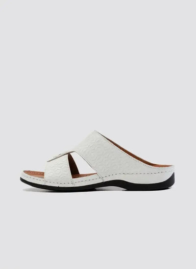 White textured leather slide sandal with open toe and black sole for men 