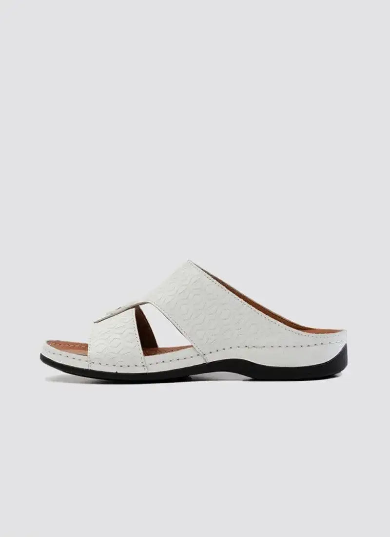 White textured leather slide sandal with open toe and black sole for men 