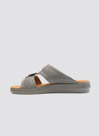 Men's grey open-toe leather sandal with textured straps and slip-on design on white background 
