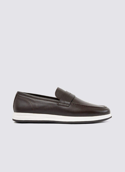 Men's brown leather loafer with white sole, slip-on casual footwear, side view 
