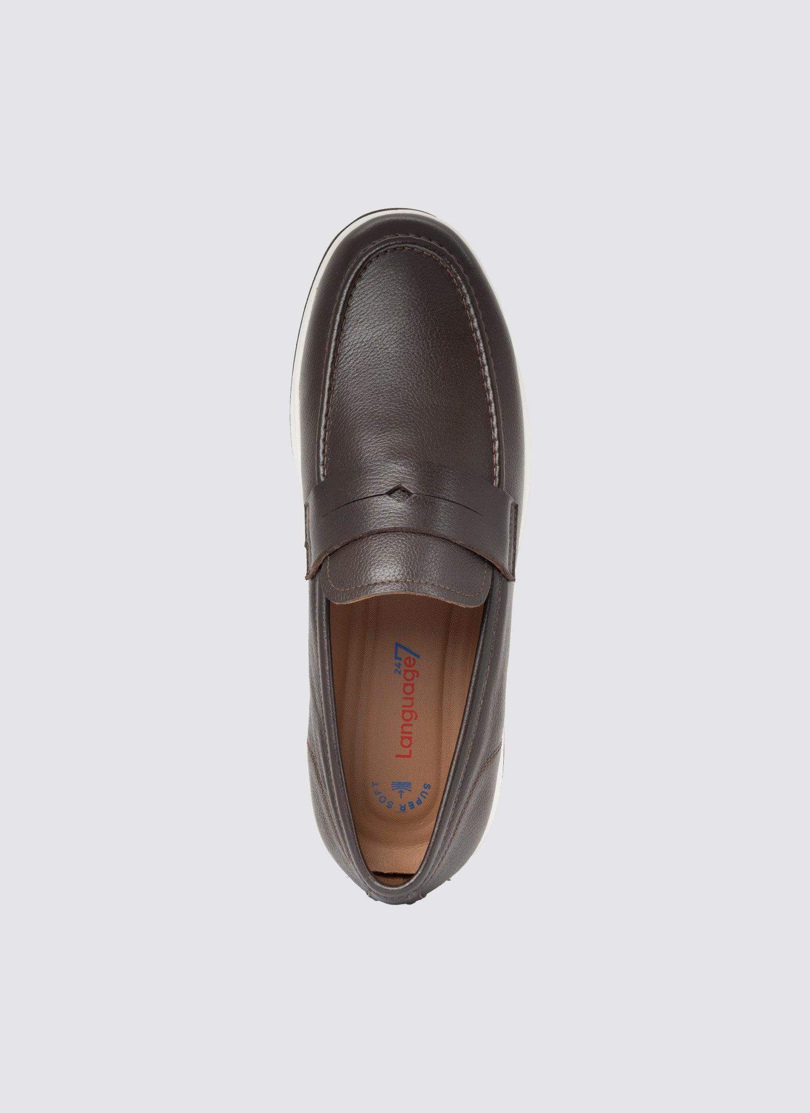 Top view of men's brown leather loafer with penny strap and cushioned insole 