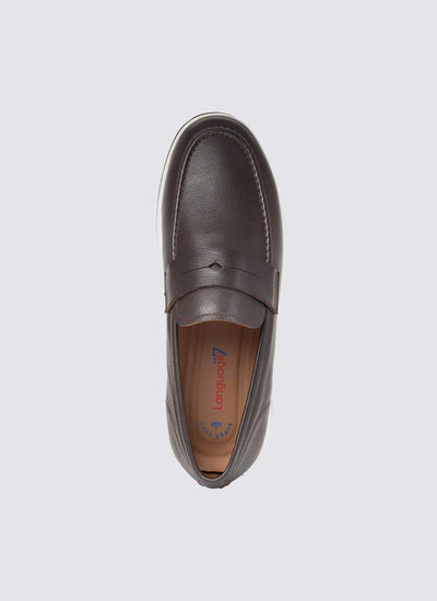 Top view of men's brown leather loafer with penny strap and cushioned insole 