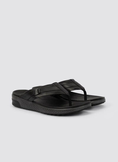 Men's black leather thong sandals with textured straps and cushioned sole on white background 