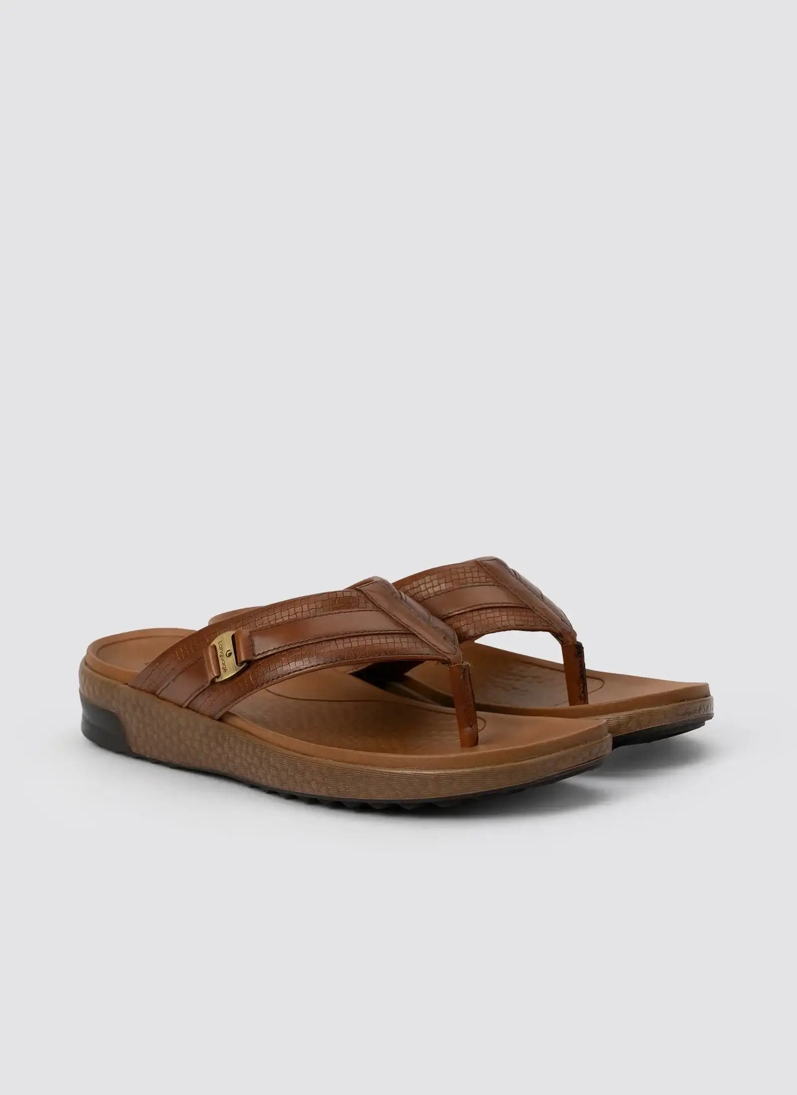 Men's brown leather sandals with textured straps and comfortable sole, side view  #color_tan