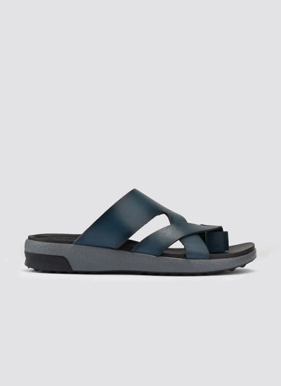 Men's navy blue leather sandals with criss-cross straps and textured sole on plain background 