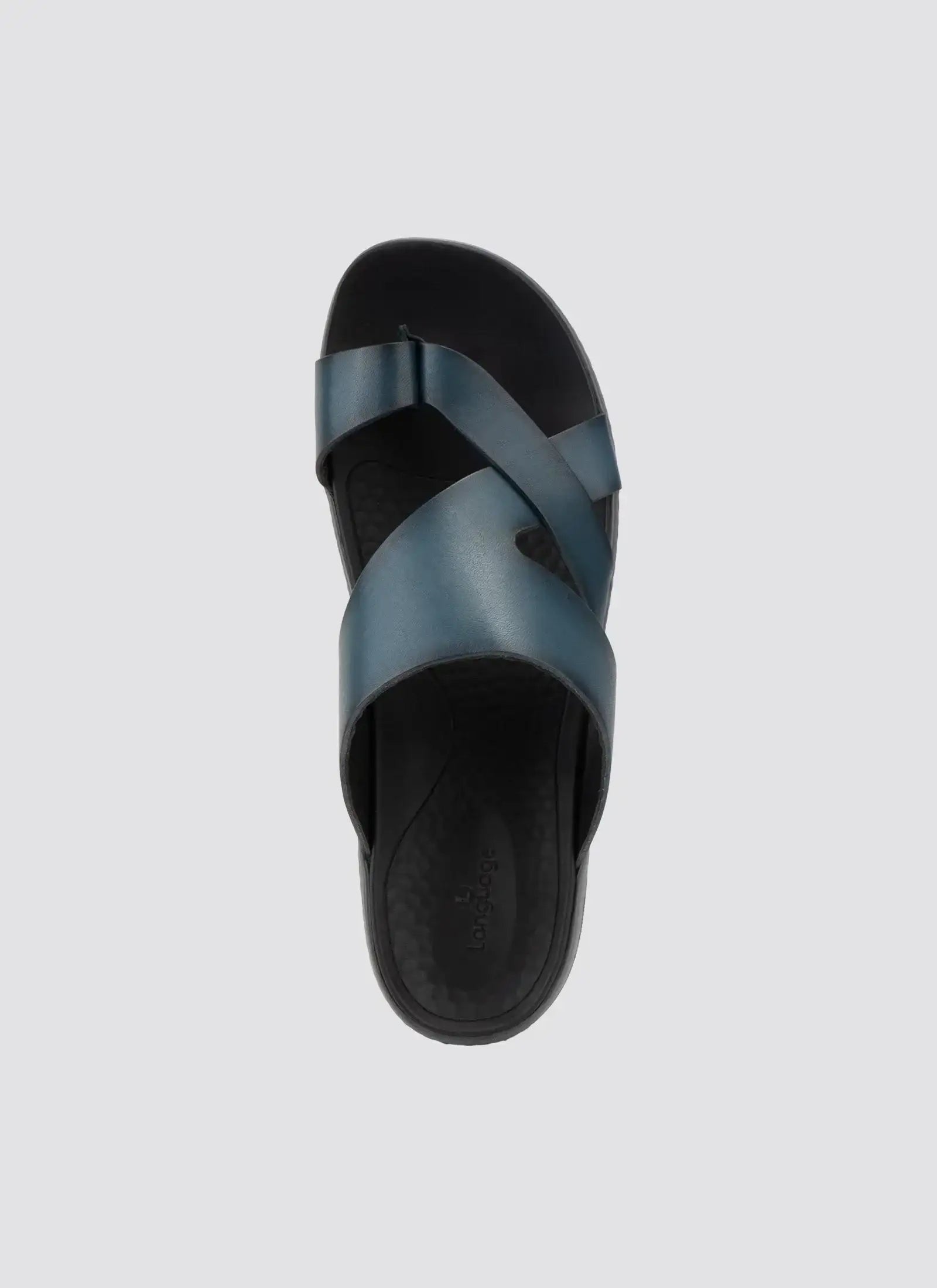 Men's navy blue leather sandal with crisscross straps and cushioned black sole 