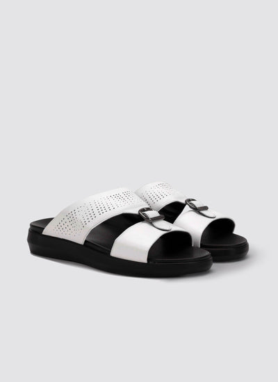 Black and white sandals on a light gray background 