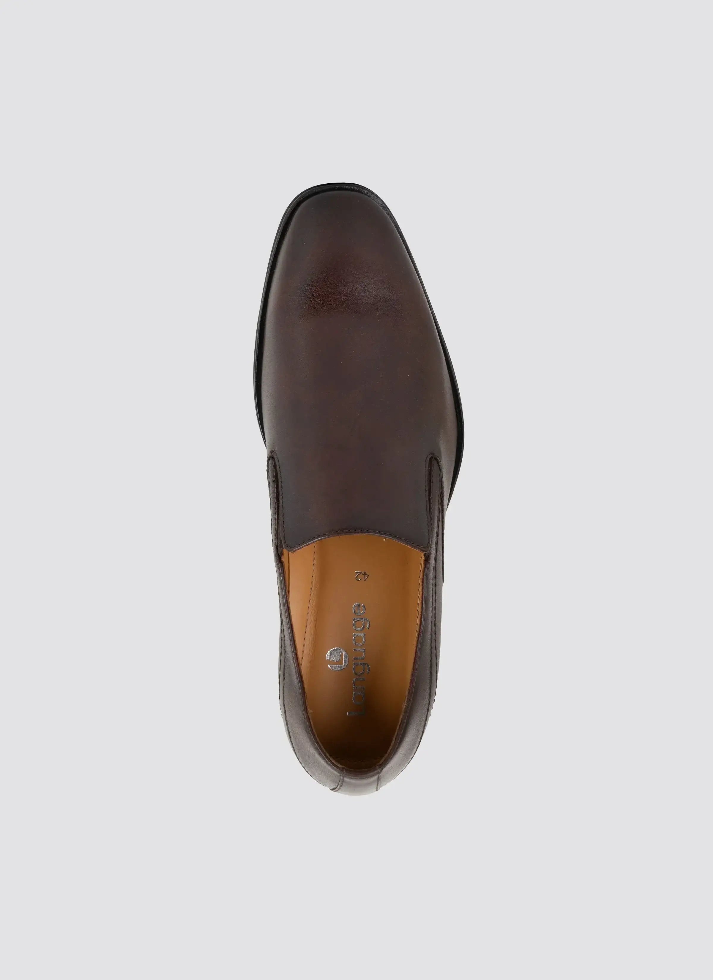 Top view of a brown leather men's slip-on dress shoe with a rounded square toe 