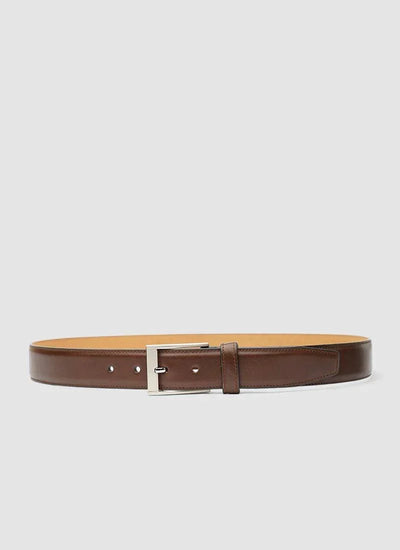 Men's brown leather belt with silver buckle on light background 