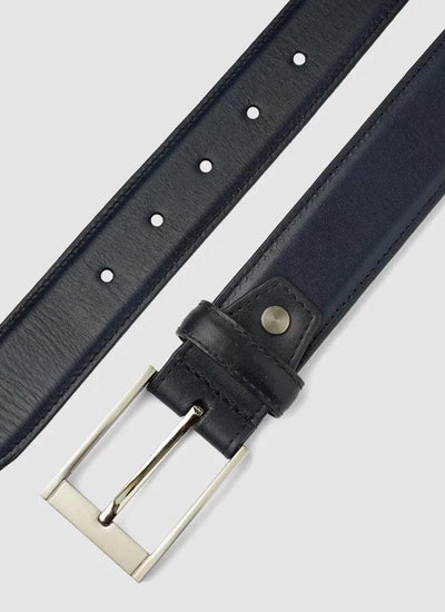 Men's navy leather belt with silver buckle and stitched detailing on white background 