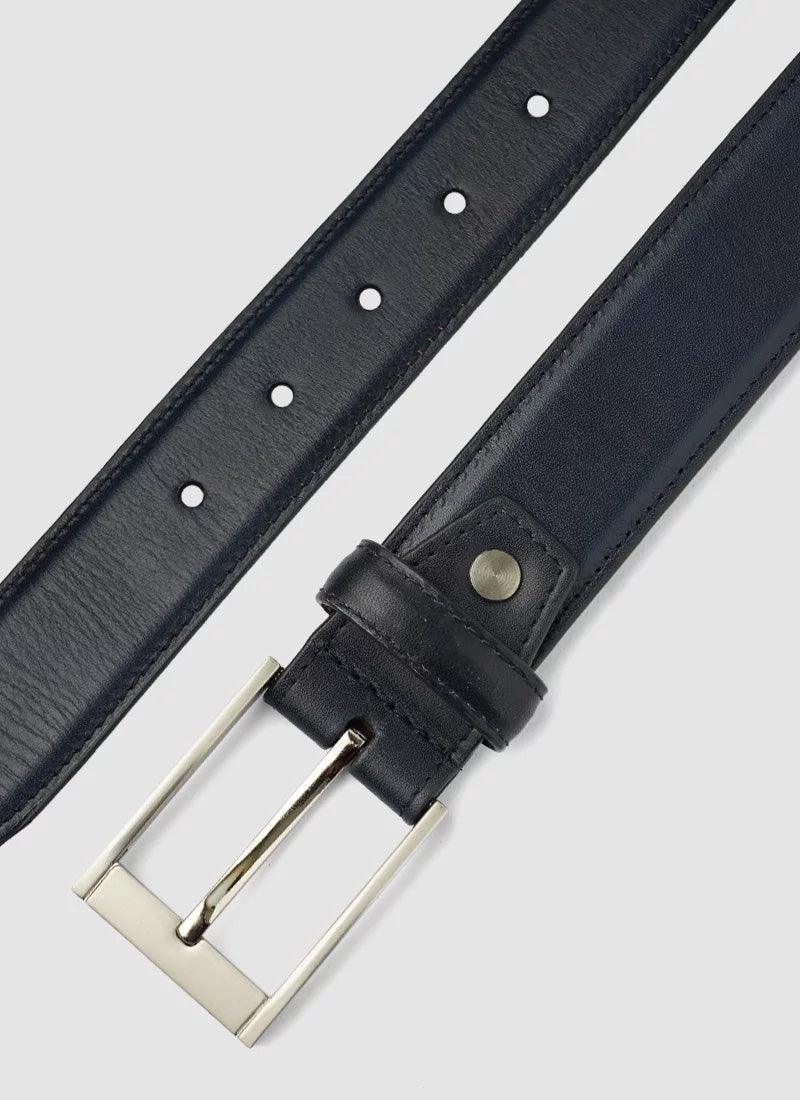 Men's navy leather belt with silver buckle and stitched detailing on white background 