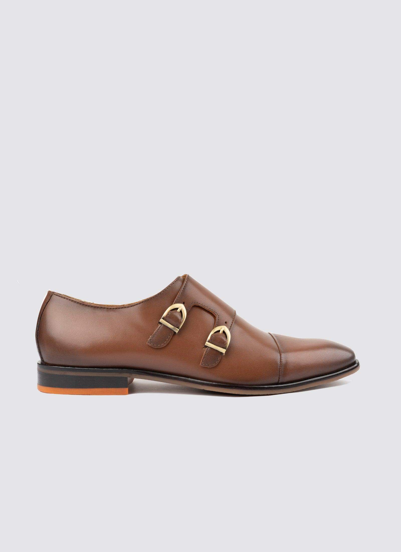 Men's tan leather double monk strap dress shoe with gold buckles and low heel 