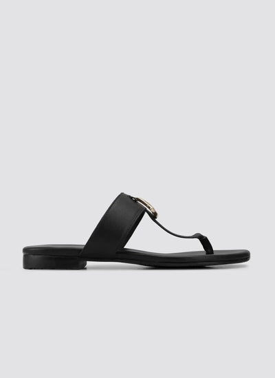 Black leather flat sandal for women with wide strap and metallic accent, side view 