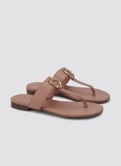 Pink flat leather sandals for women with gold buckle details, side perspective 