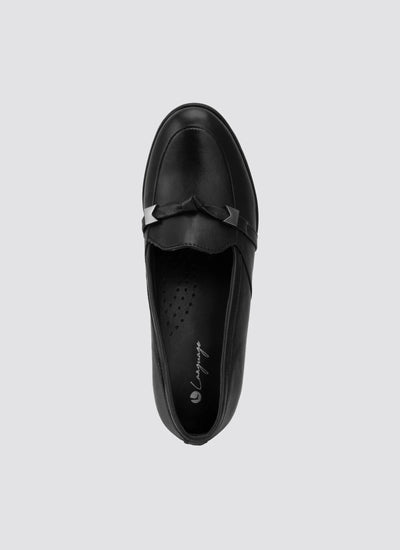 Black leather loafer with decorative strap, top view, women's footwear on light background 