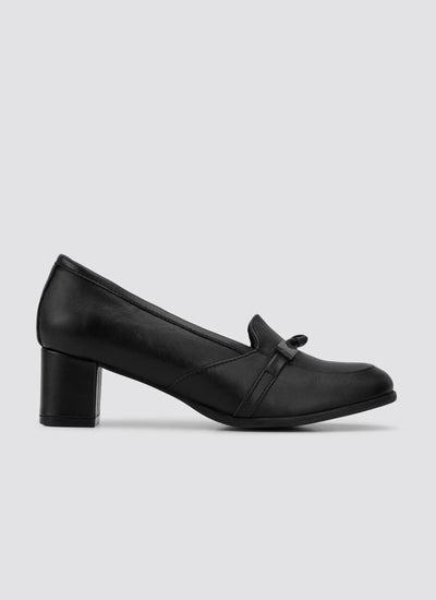 Black leather women's block heel loafer with bow detail on plain background 