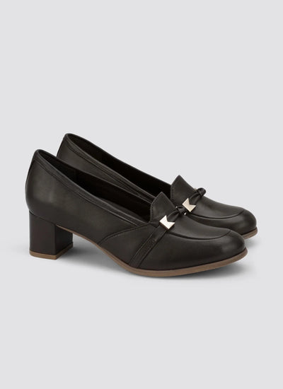 Women's brown leather block heel loafers with metallic accent, classic formal footwear 