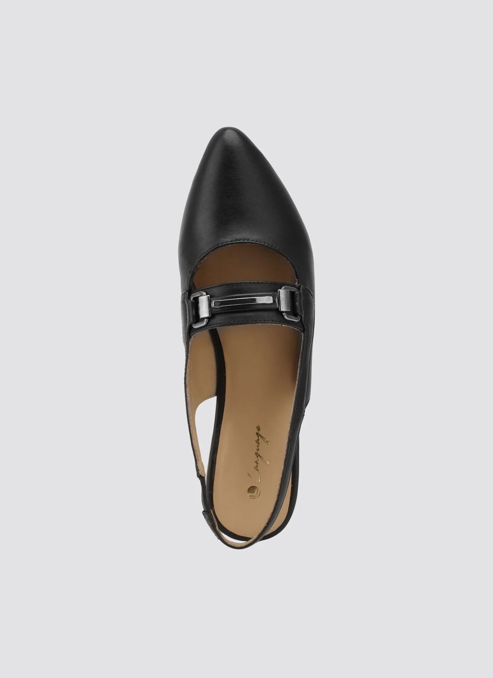 Top view of a black pointed-toe women's leather flat with buckle strap 
