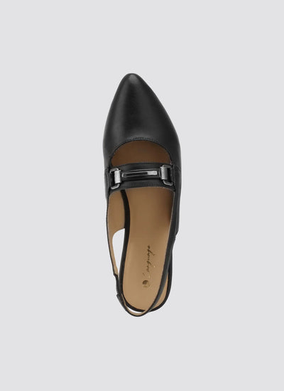 Top view of a black pointed-toe women's leather flat with buckle strap 