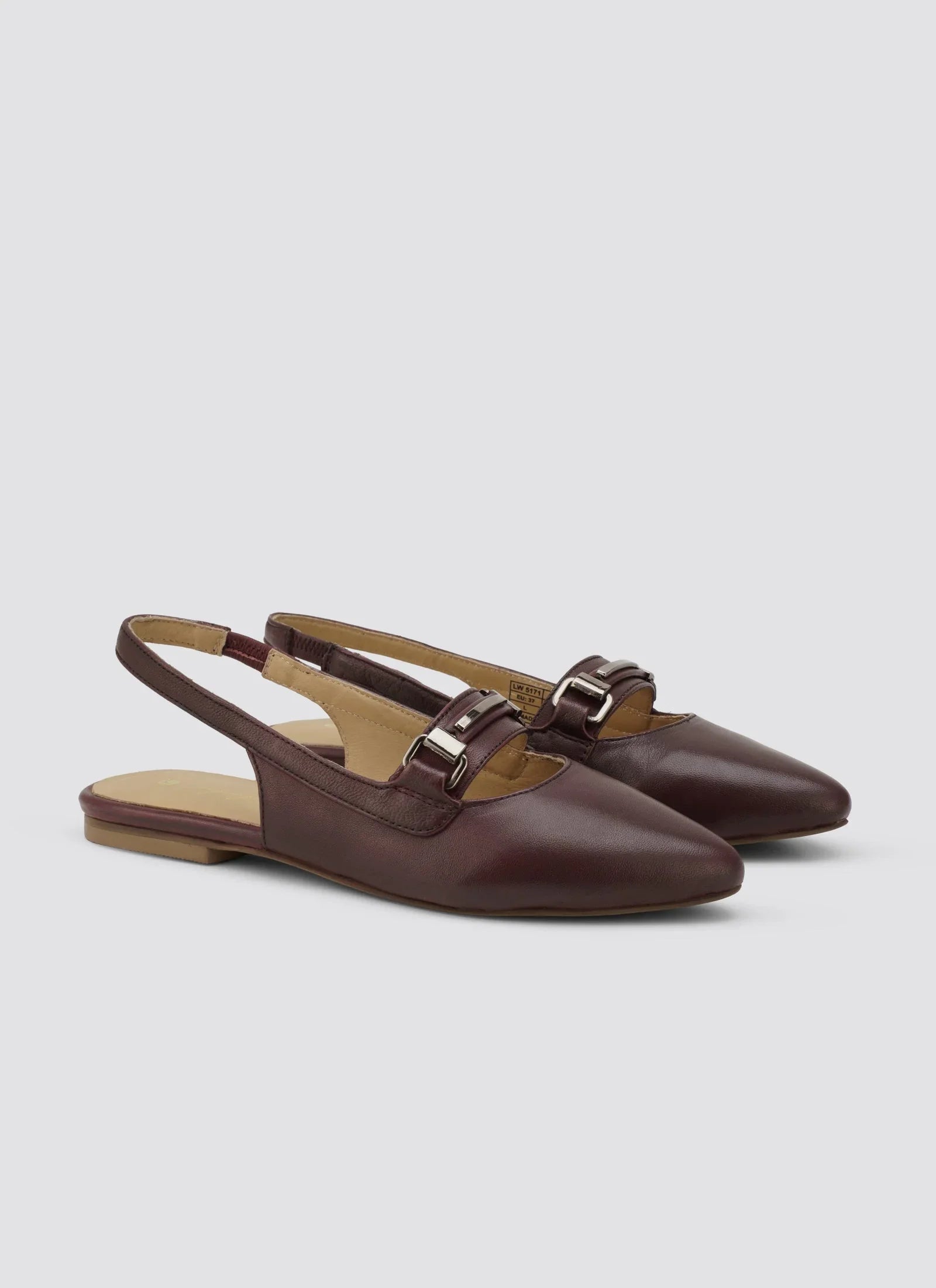 Women's maroon leather slingback flats with metal buckle detail on plain background #color_maroon