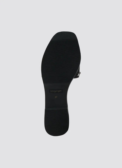 Bottom view of a black women's shoe with textured sole and size 37 marking 