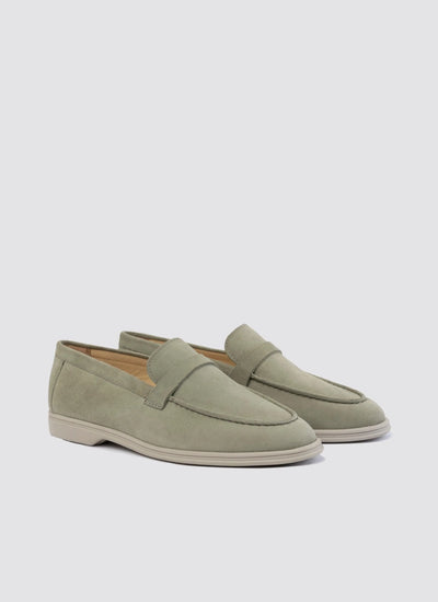 Lite olive green suede loafers for men, slip-on casual footwear with rubber sole, side view 