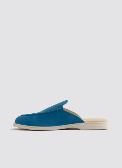 Blue suede slip-on mule with white sole, minimal backless loafer for men or women 