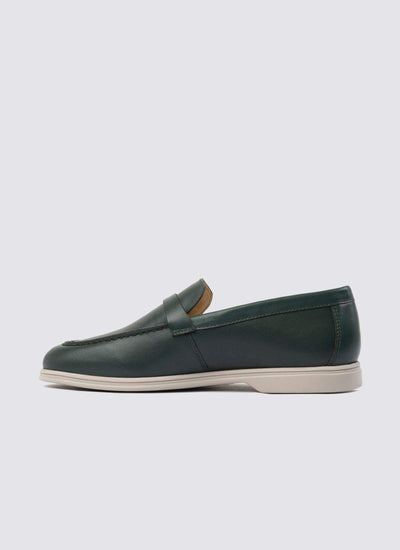 Men's forest green leather loafer with beige sole, side profile on white background 