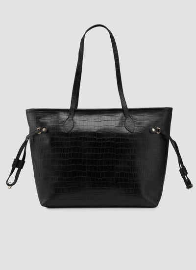 Black handbag with crocodile texture on a light gray background 