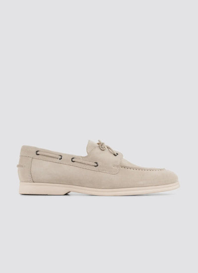 Men's beige suede casual loafer with lace detail and rubber sole on white background 