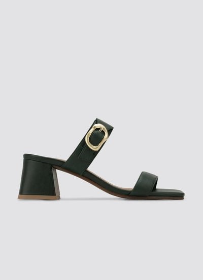 Green block heel sandal with gold buckle and double straps on a white background 