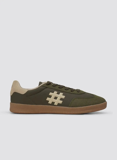 Olive green low-top sneaker with beige heel, gum sole, and textured side detail for men 