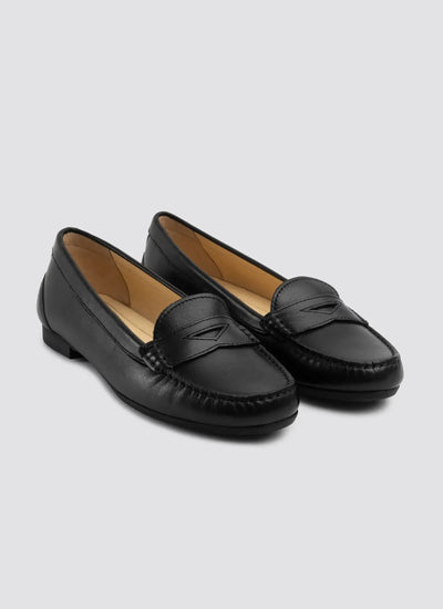 Pair of black loafers on a light gray background 