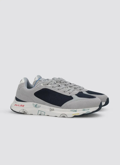 Gray and navy casual sneakers for men with stamp print sole, side view on white background 