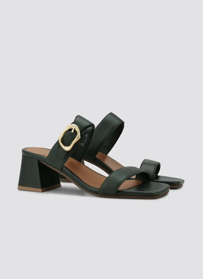 Black block heel sandals for women with gold buckle and open toe design  