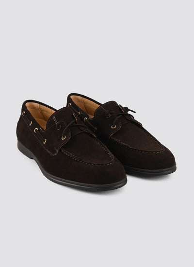 Pair of dark brown suede lace-up loafers for men with stitched detailing on a white background 