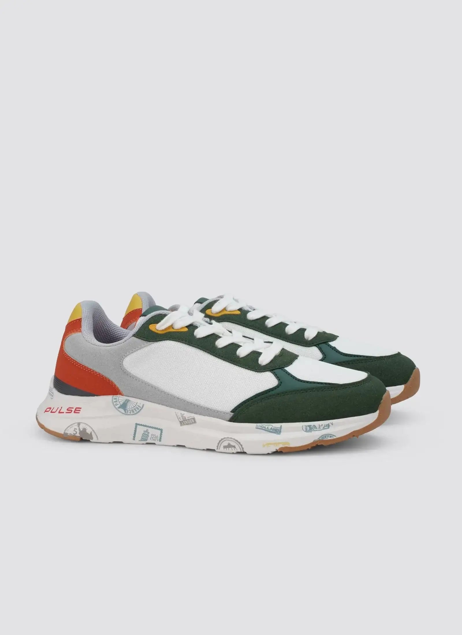 Men's white and green sneakers with red heel, yellow accents, and graphic sole 