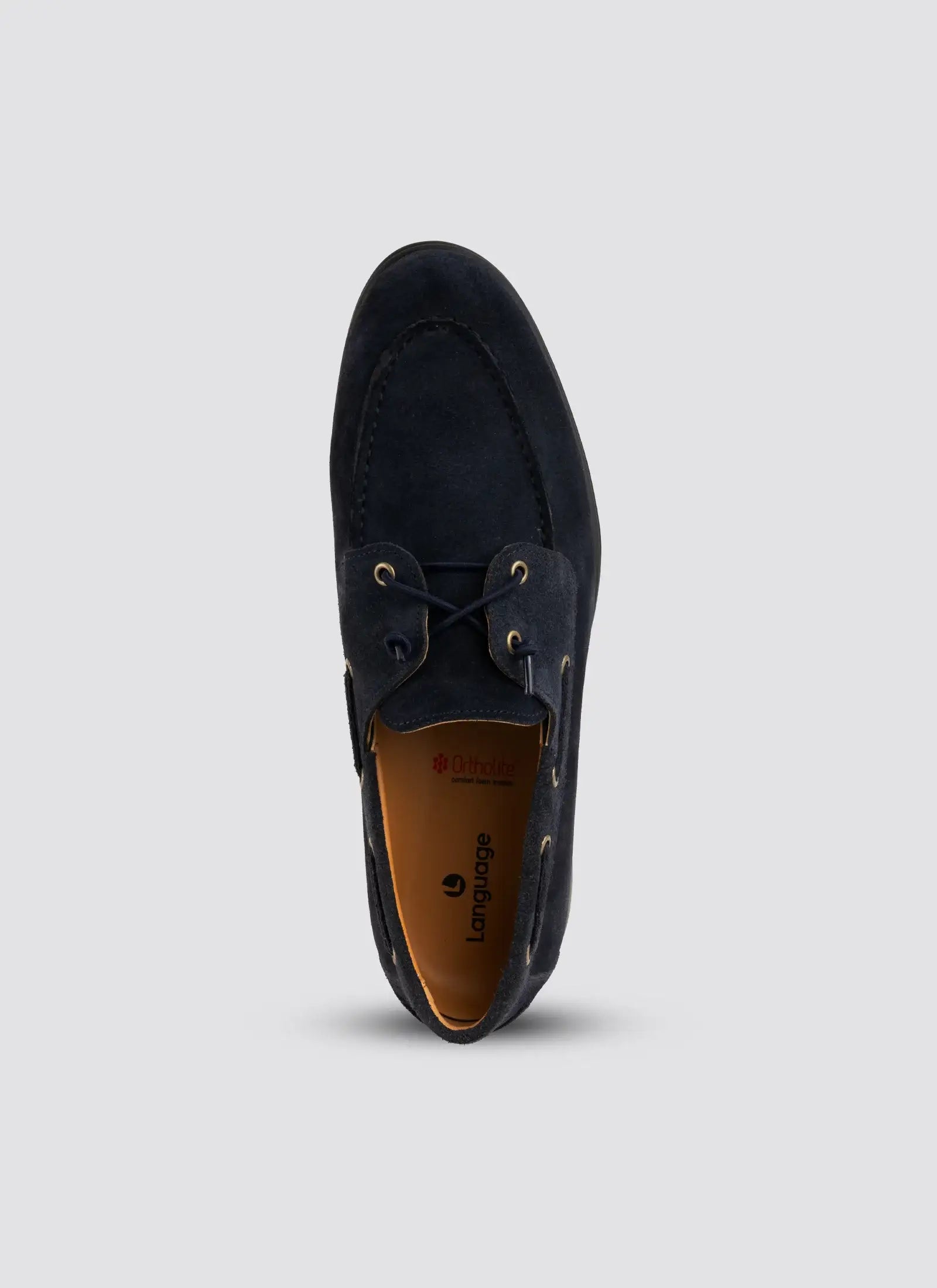 Top view of navy blue suede men's loafer with lace detail and tan insole 