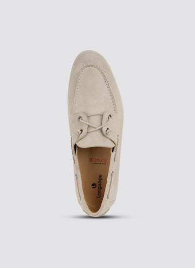 Top view of a beige suede men's loafer with laces and Ortholite insole 