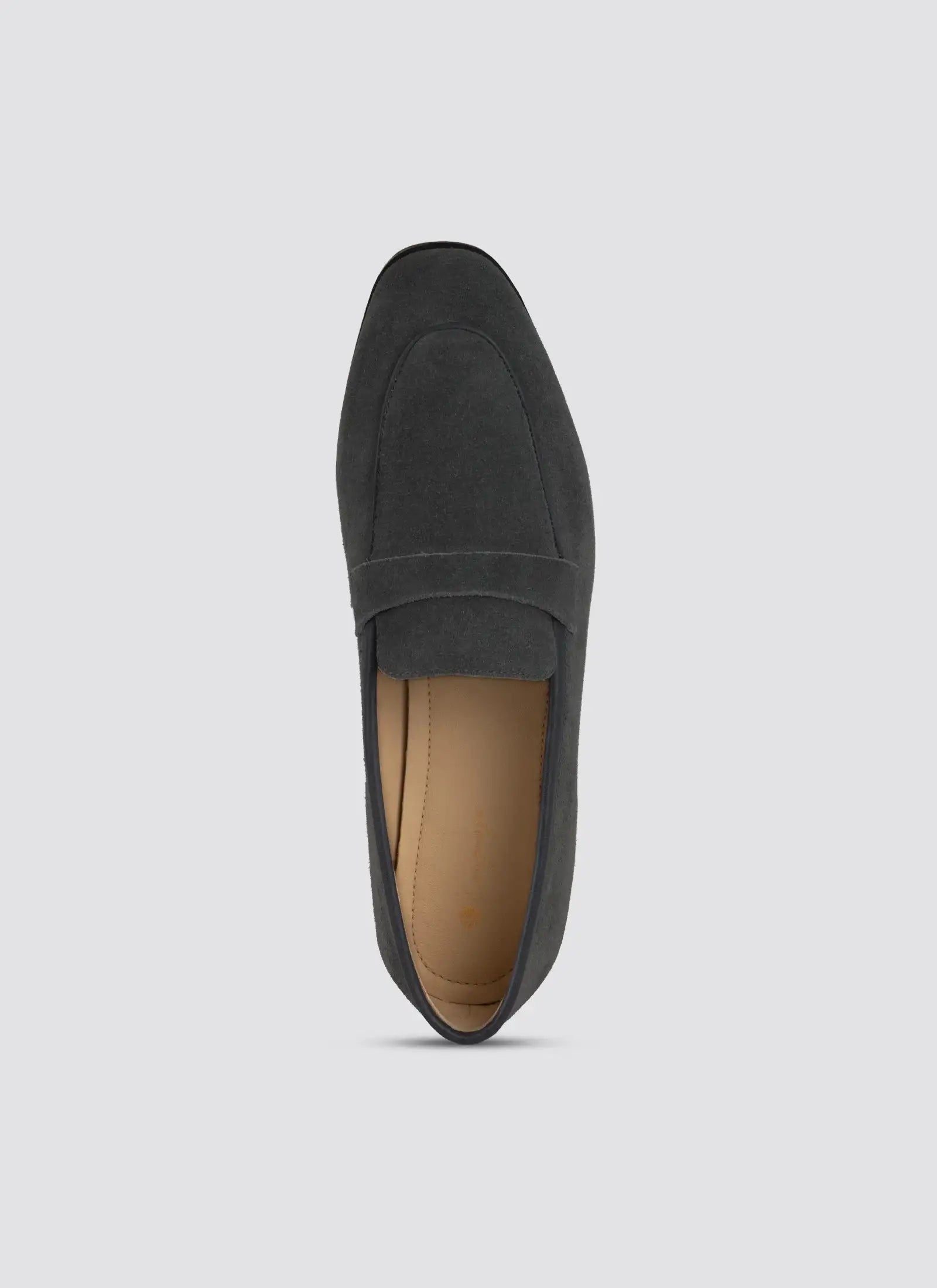Dark gray loafer shoe on a light gray background 