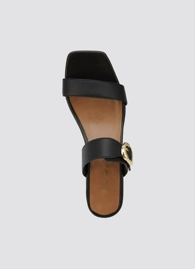 Black leather women's sandal with square toe and gold buckle accent 