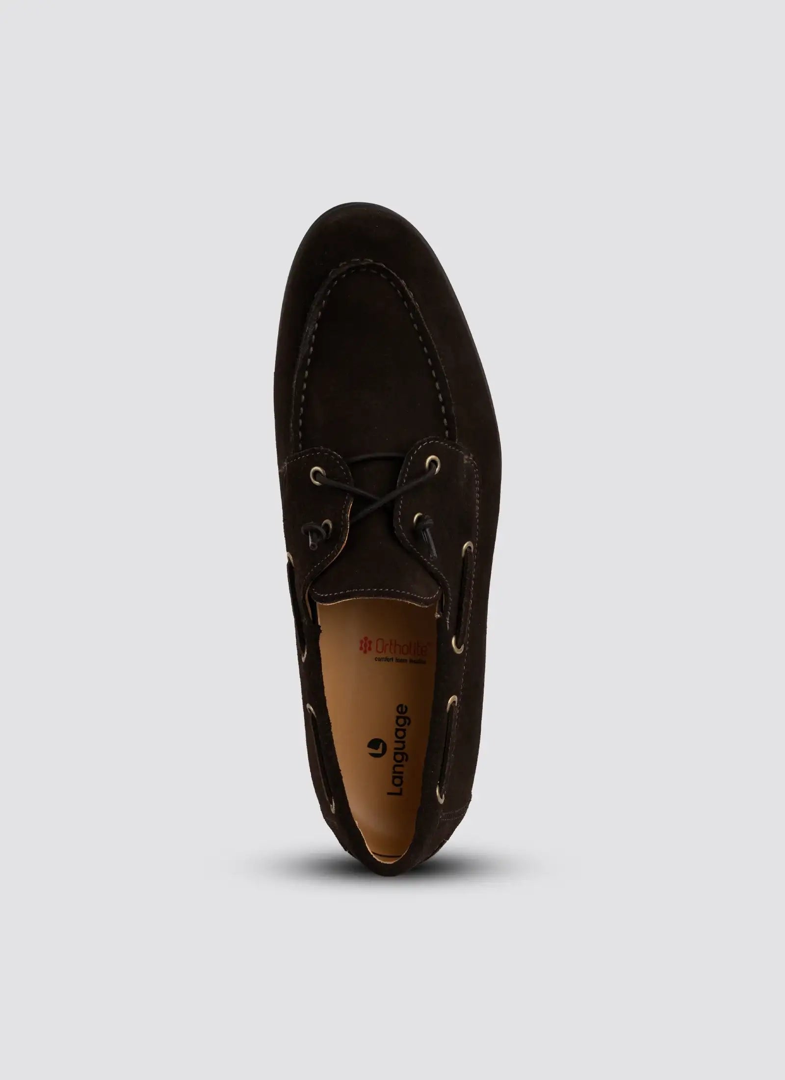 Top view of a dark brown suede loafer with laces and contrast stitching for men 